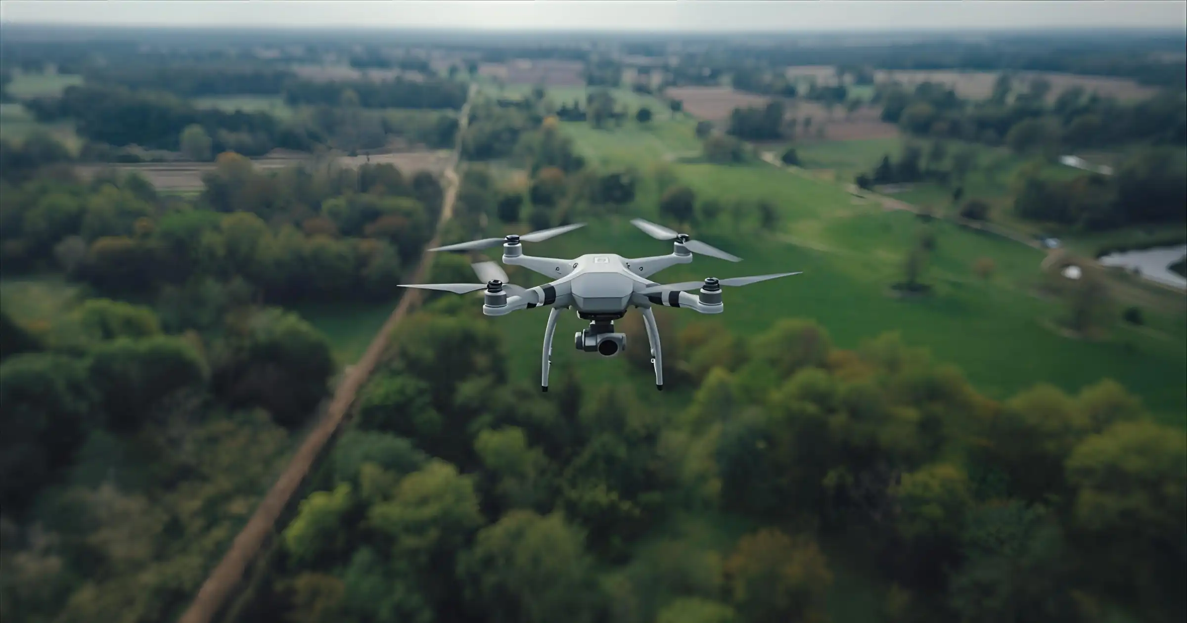 Een drone die verantwoord vliegt boven een beschermd Nederlands natuurgebied, wat een vergunning vereist.