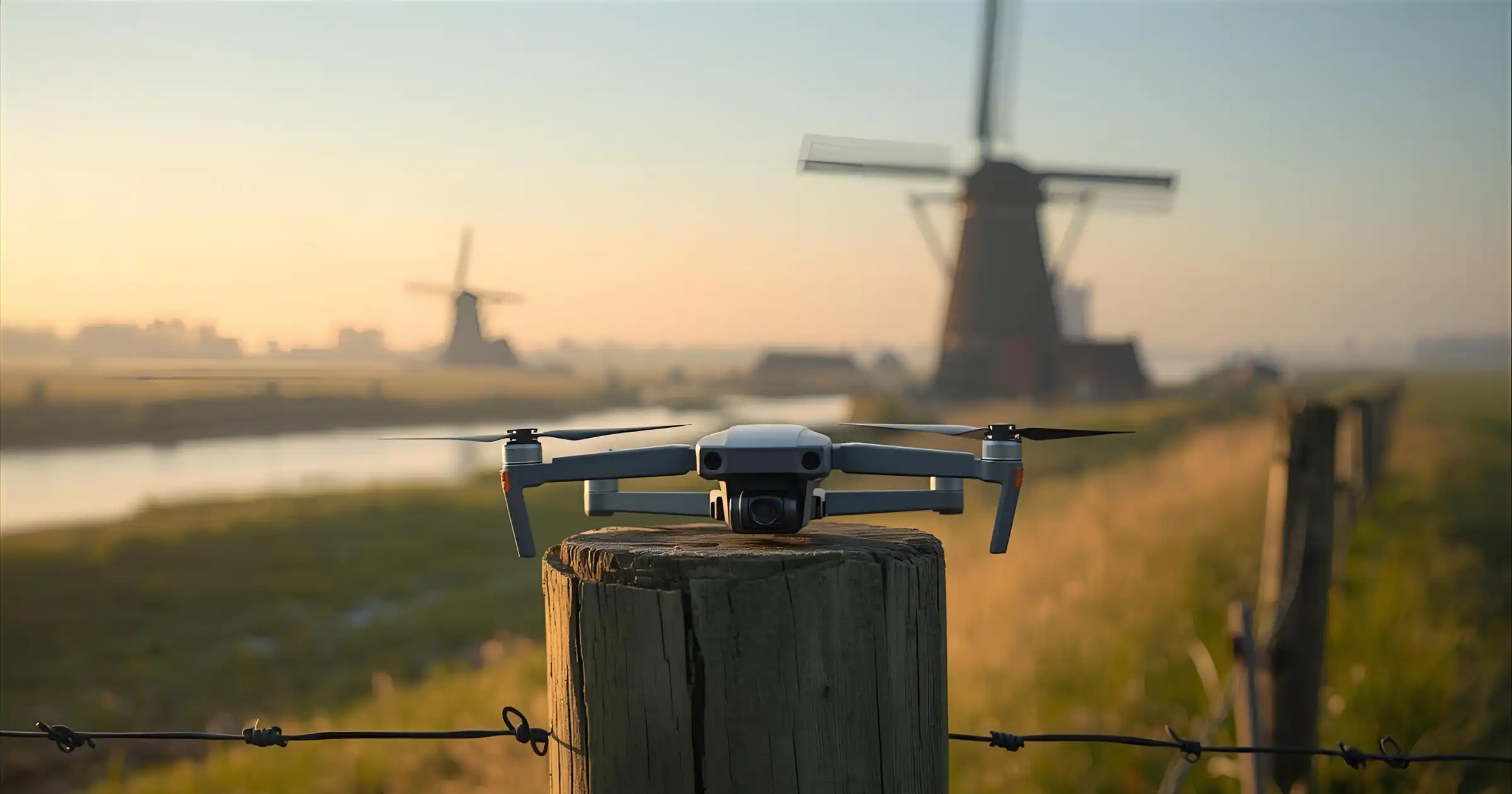 Een moderne FPV-drone op een houten paal in een Nederlands polderlandschap met windmolens en een kanaal tijdens zonsopgang. Illustreert drone vliegen in Nederland.