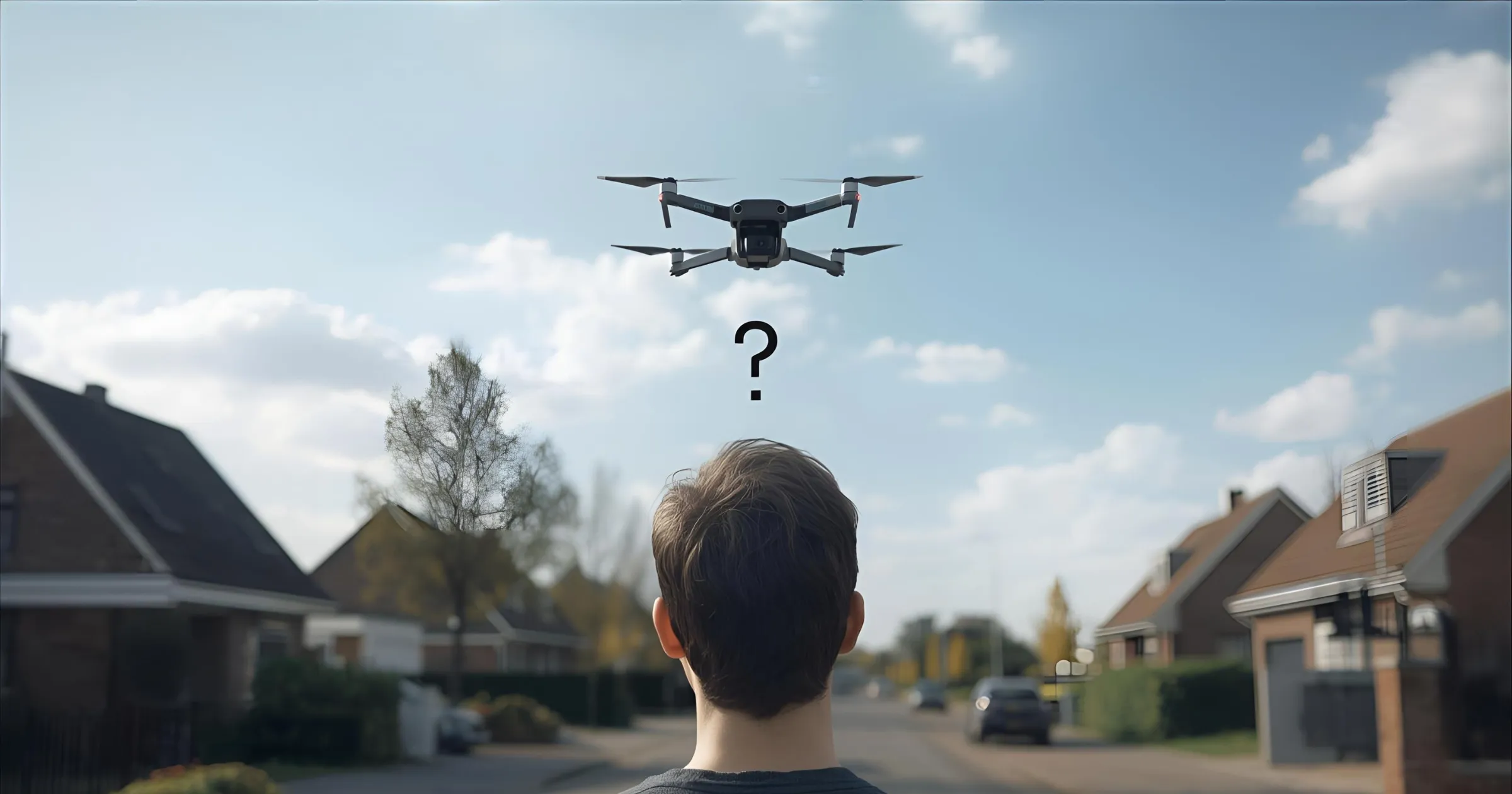 Een persoon die zich afvraagt wat te doen bij overlast door een drone in een woonwijk.