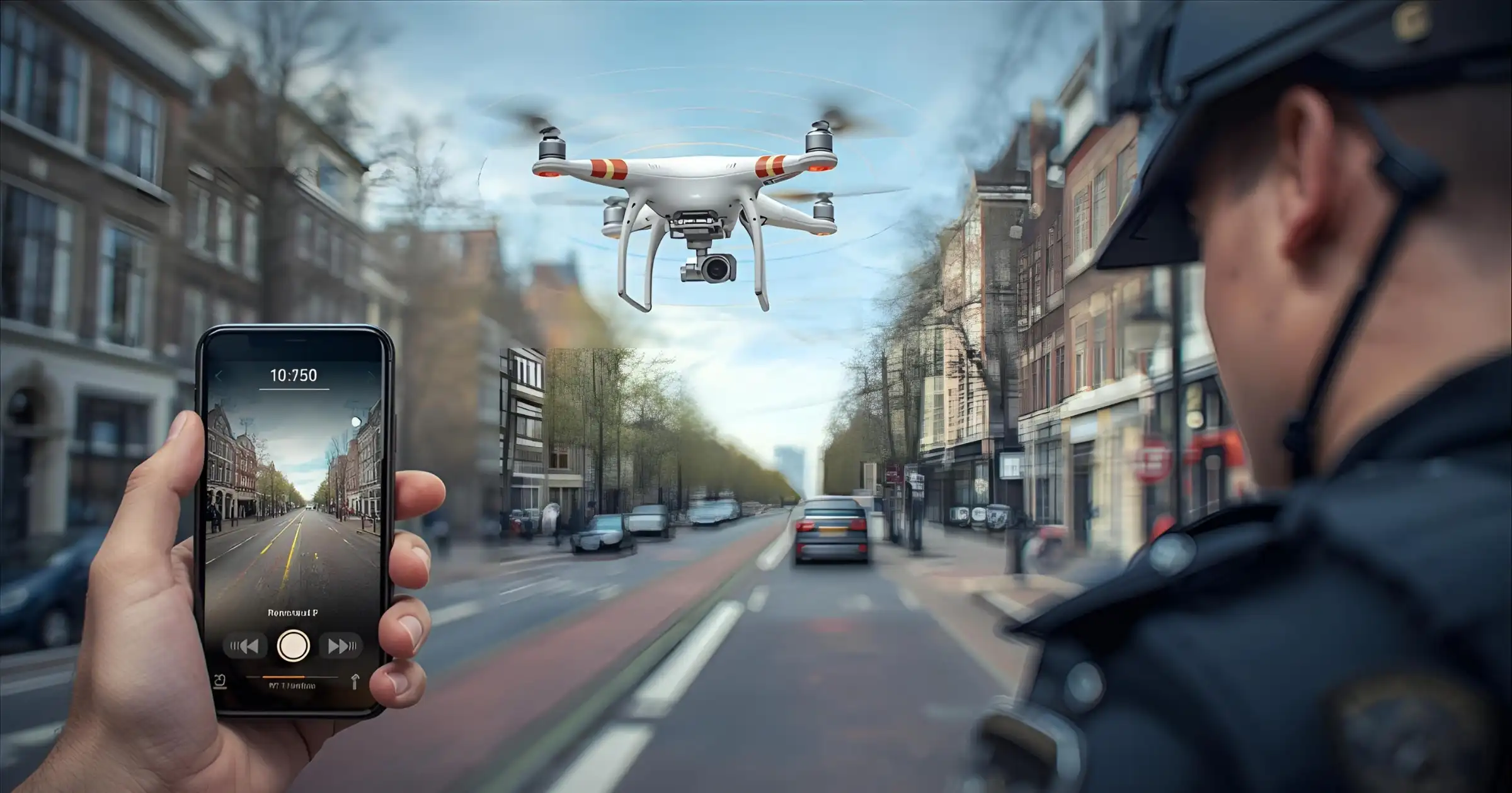 Illustratie van een drone die zijn Remote ID-signaal uitzendt naar een handhaver.
