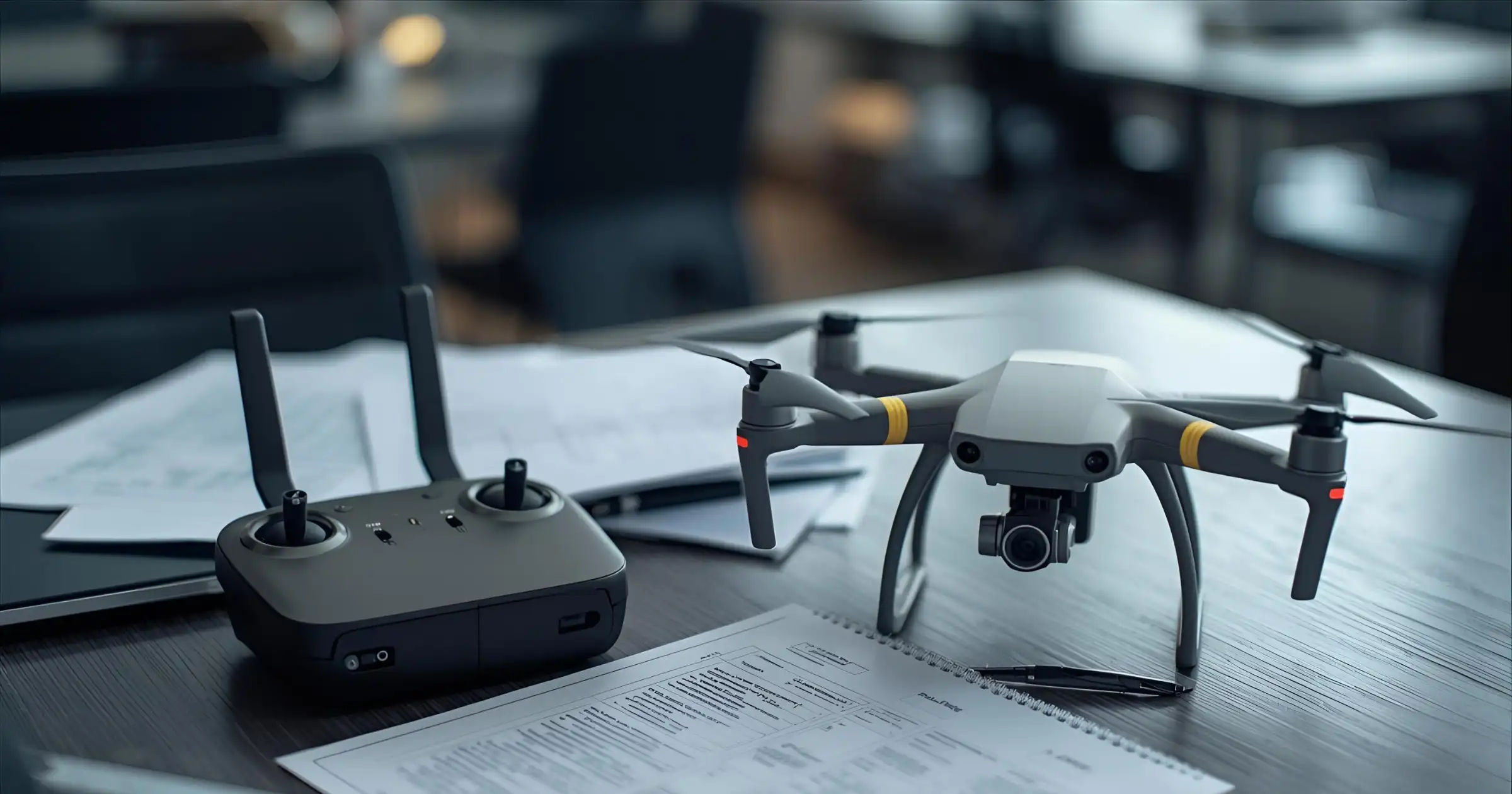 Een boeteformulier naast een drone-controller, wat de mogelijke financiële gevolgen van illegale dronevluchten illustreert.