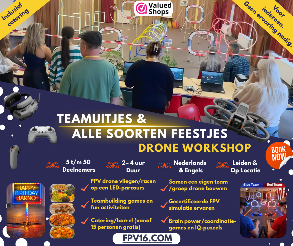 FPV Drone Workshop – Teamuitje & Events (Leiden & op locatie) FPV drone flying on LED track during team building workshop with simulation, games and drone activities