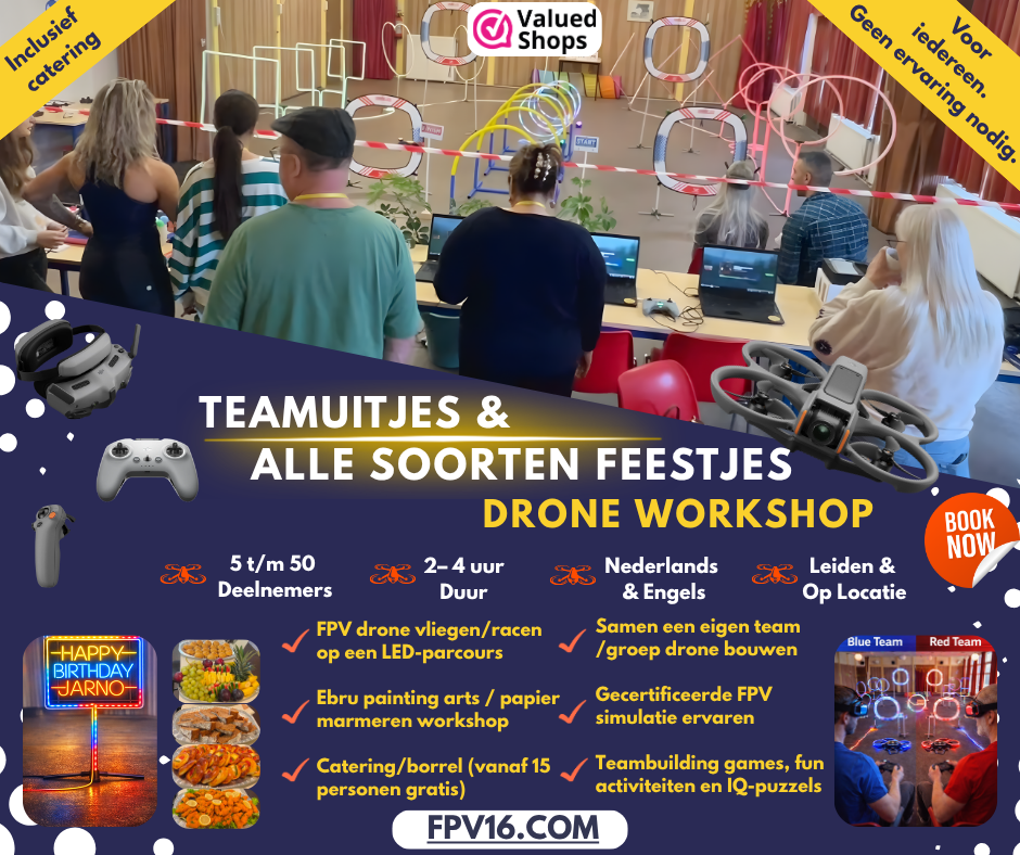 FPV drone flying on LED track during team building workshop with simulation, games and drone activities