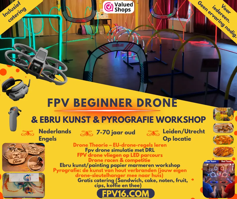 Drone teamuitje met FPV drone vliegen, drone bouwen, Drone Soccer en Ebru workshop