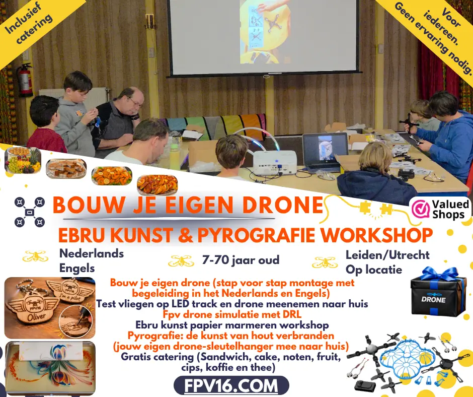 Drone teamuitje met FPV drone vliegen, drone bouwen, Drone Soccer en Ebru workshop