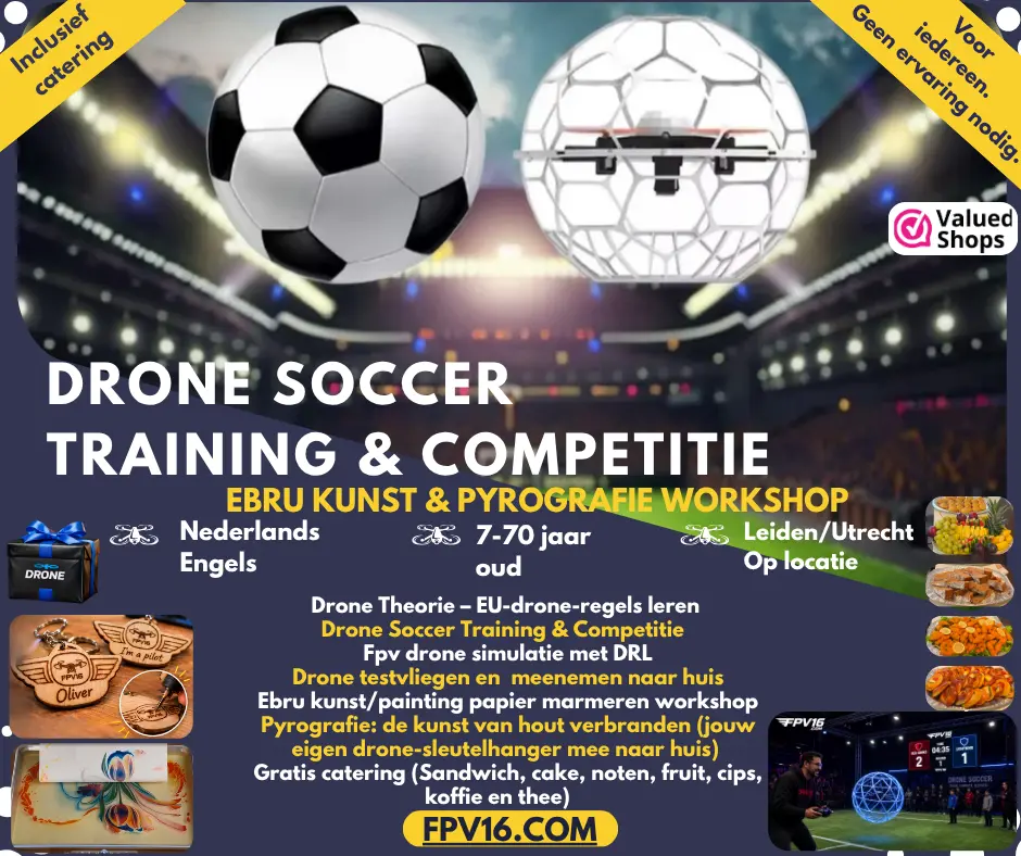 Drone teamuitje met FPV drone vliegen, drone bouwen, Drone Soccer en Ebru workshop